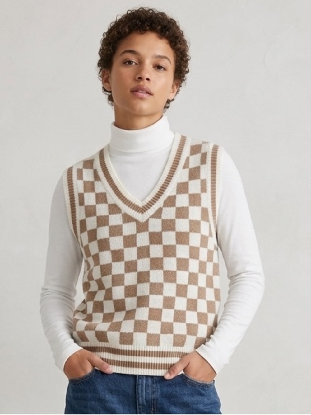 ABOUND Checkered V-Neck Sweater Vest XS 18” + p2p Tan Neutral EUC